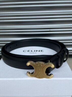 Celine Black Triomphe Leather Belt with Gold Buckle size 85